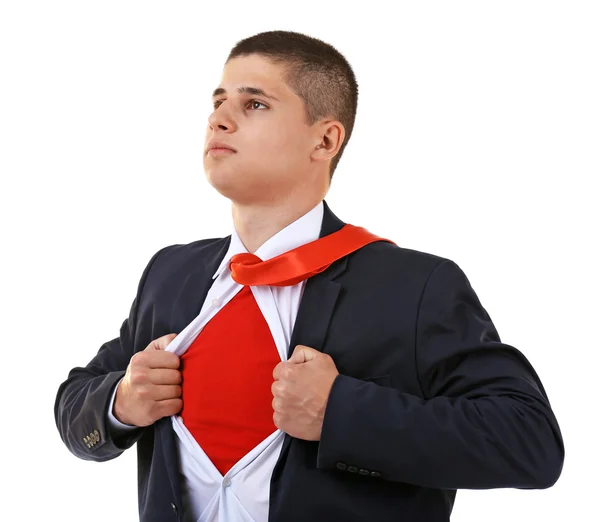 Young businessman super hero, isolated on white — Stock Photo, Image