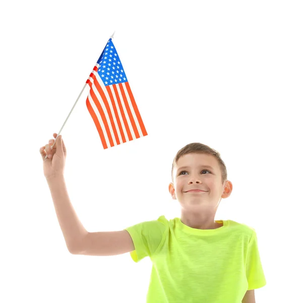 Menino e bandeira americana no fundo branco — Fotografia de Stock