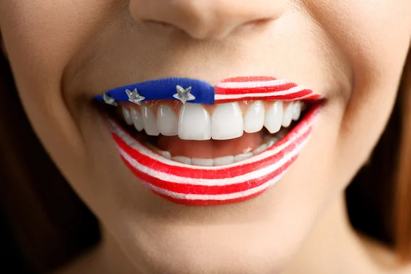 USA national flag makeup on woman lips — Stock Photo, Image