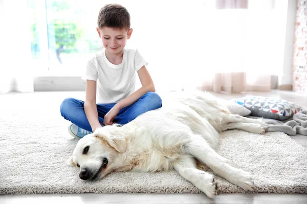 Liten pojke och söt hund hemma — Stockfoto