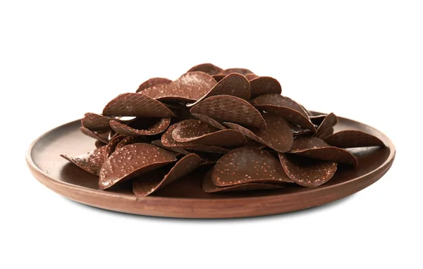 Chocolate chips in brown plate — Stock Photo, Image