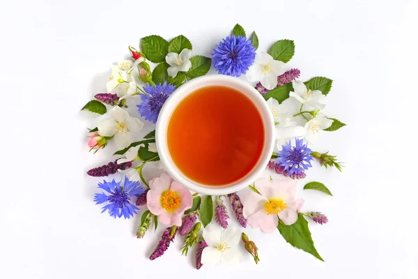 Csésze tea, friss virágok — Stock Fotó