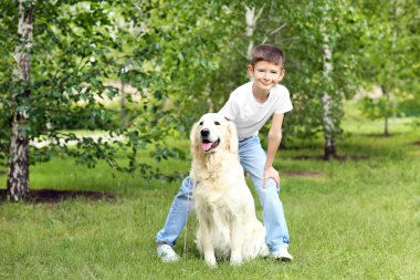 Küçük çocuk ve sevimli köpek park