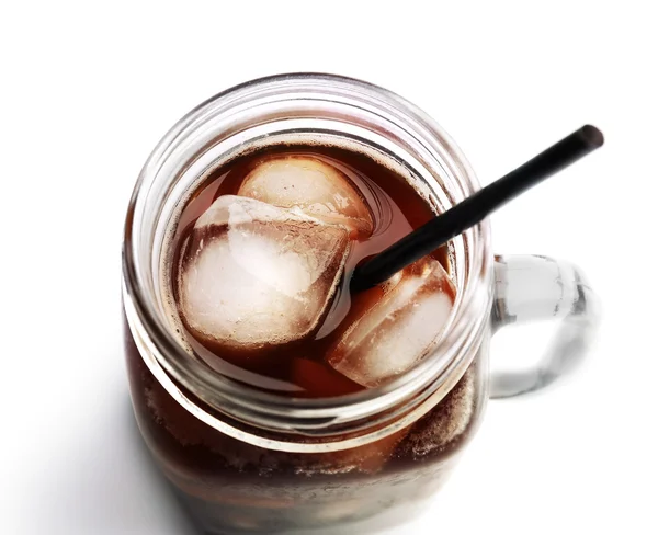 Iced coffee in glass jar — Stock Photo, Image