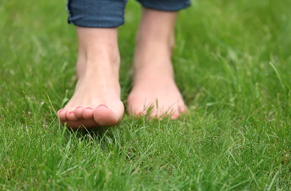 Kadın bacakları çimenlerin üzerinde — Stok fotoğraf