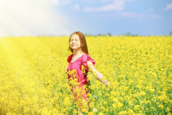 Menina doce no prado com flores selvagens da primavera — Fotografia de Stock