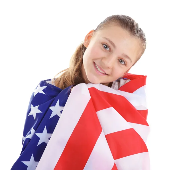 Menina adolescente e bandeira americana no fundo branco — Fotografia de Stock