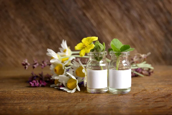 Small glass bottles with healing flowers — Stock Photo, Image