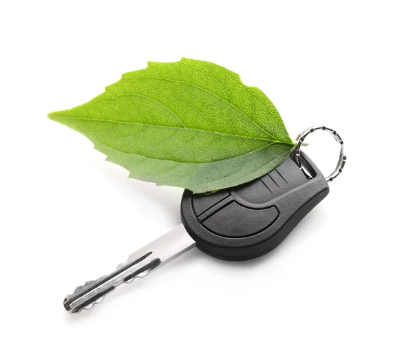 Car key with green leaf — Stock Photo, Image