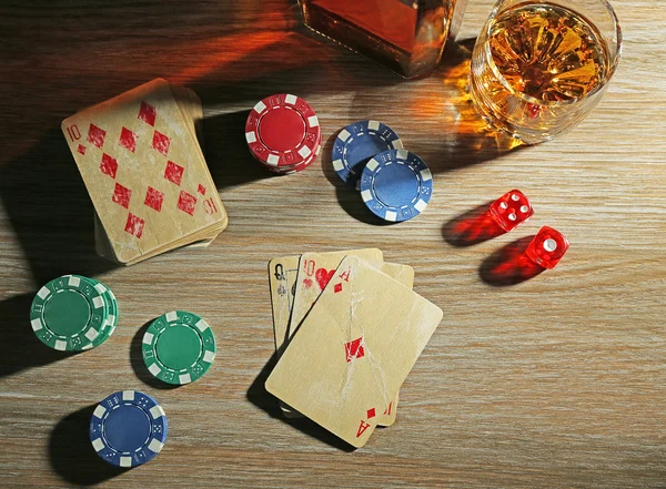 Set to playing poker with cards and chips — Stock Photo, Image
