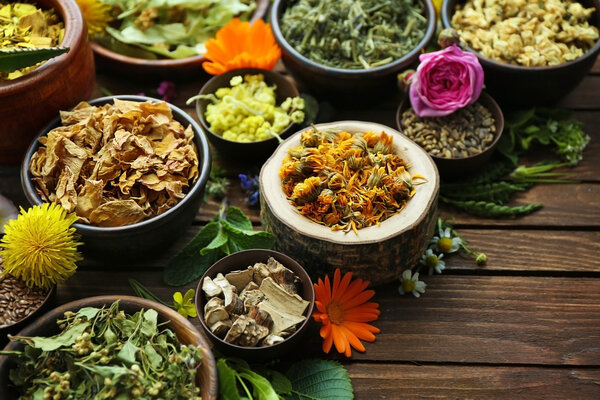 Herb selection and fresh flowers 