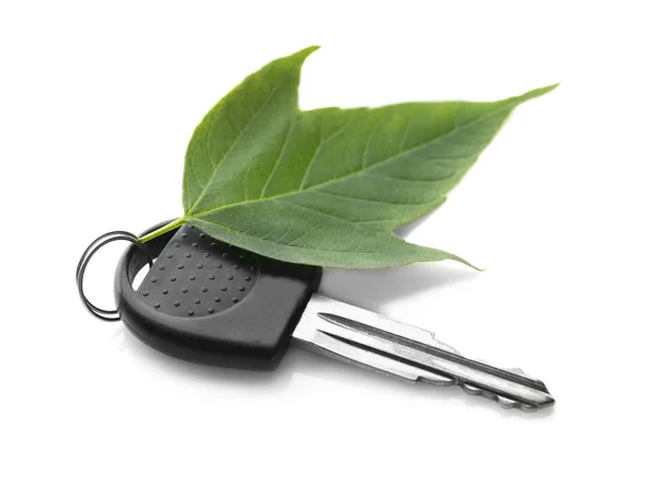 Car key with green leaf — Stock Photo, Image