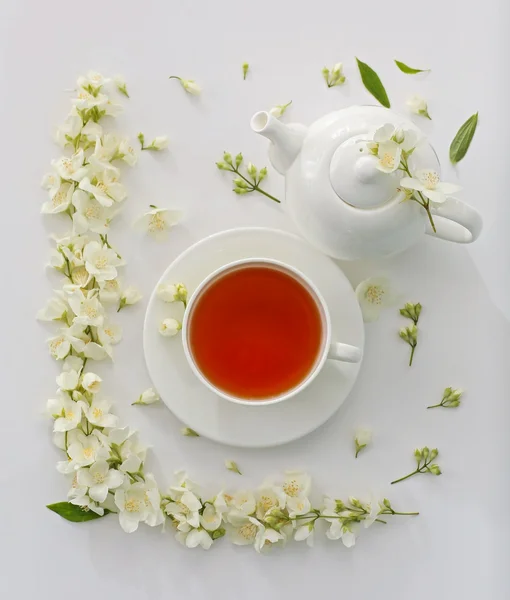 Yasemin çiçekli bir fincan çay. — Stok fotoğraf