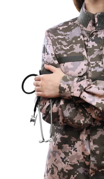 Army doctor holding stethoscope — Stock Photo, Image