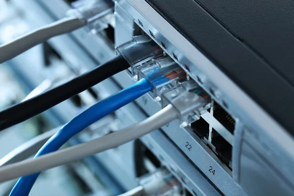 Ethernet kábeleket csatlakoztatott hálózati kapcsoló — Stock Fotó