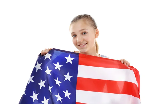 Chica adolescente y bandera americana —  Fotos de Stock