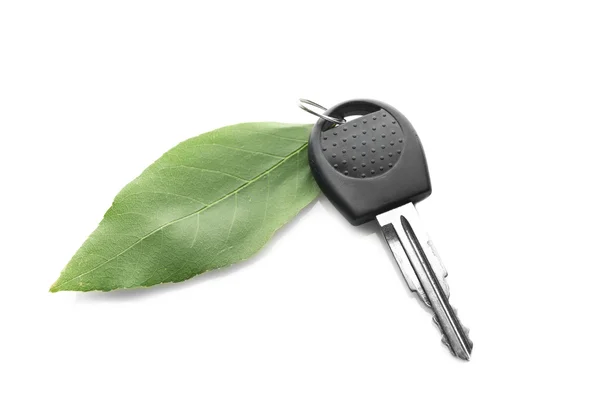 Car key with green leaf — Stock Photo, Image