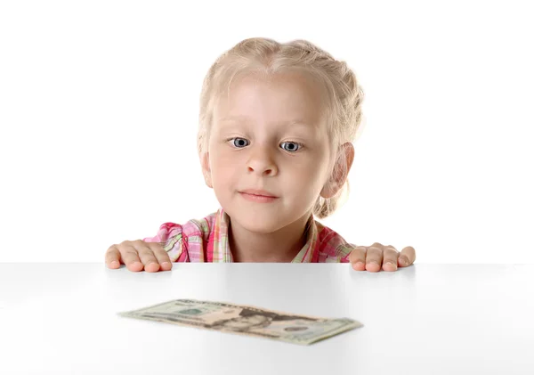 Funny girl looking at dollar — Stock Photo, Image