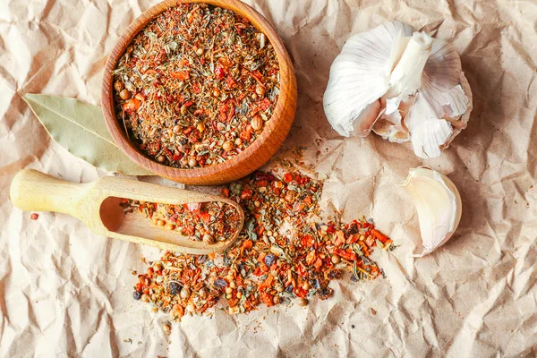 Mixed spices in wooden scoop — Stock Photo, Image