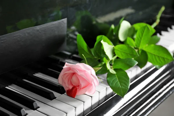 Розовая роза и маленькое красное сердце на клавишах пианино — стоковое фото