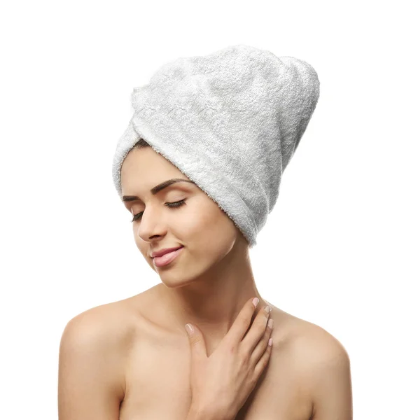 Pretty woman with towel on hair — Stock Photo, Image