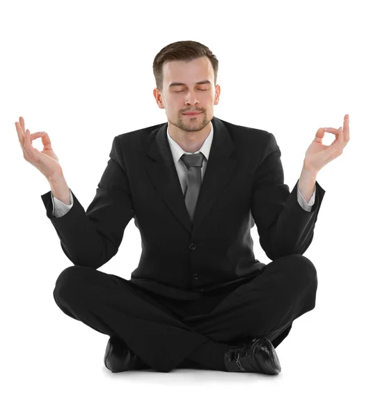 Empresario Relajante Pose Meditación Aislado Blanco — Foto de Stock