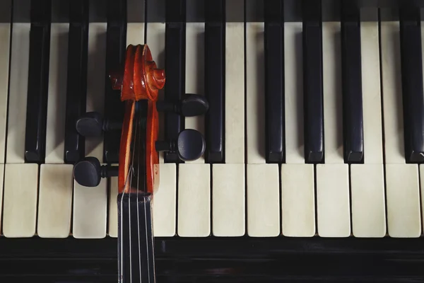 Скрипичная шея на клавишах пианино — стоковое фото