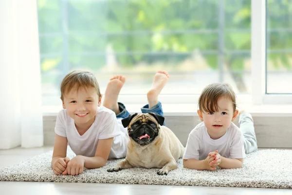 Söt Flicka Och Pojke Med Mops Golvet Rummet — Stockfoto