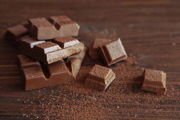 Pedaços de chocolate cobertos com cacau em pó — Fotografia de Stock