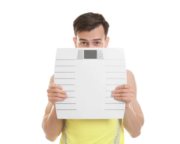 Man holding weight scale — Stock Photo, Image