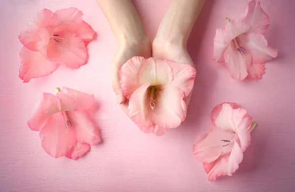 手里捧着唐菖蒲花 — 图库照片