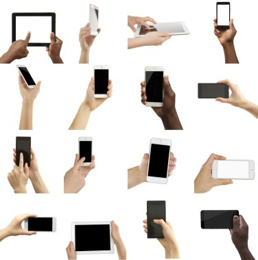 Cep telefonu ve dijital tablet, farklı fotoğrafları kolaj bir tutan el