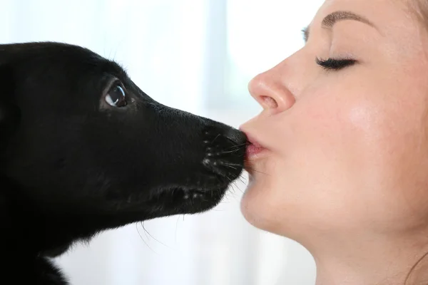 Mooi Meisje Kussen Met Labrador Close — Stockfoto