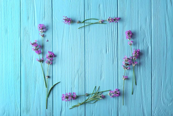 Rahmen aus Lavendelblüten auf Holzgrund — Stockfoto