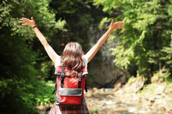 Touriste à côté du ruisseau de montagne — Photo