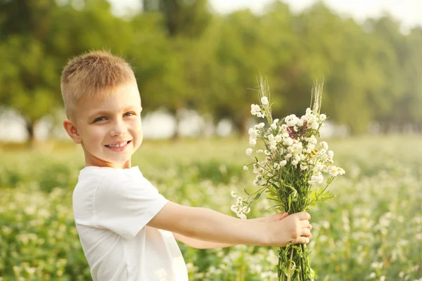 Boldog kisfiú virággal — Stock Fotó
