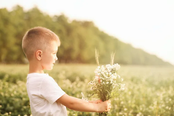 Menino feliz com flores — Fotografia de Stock