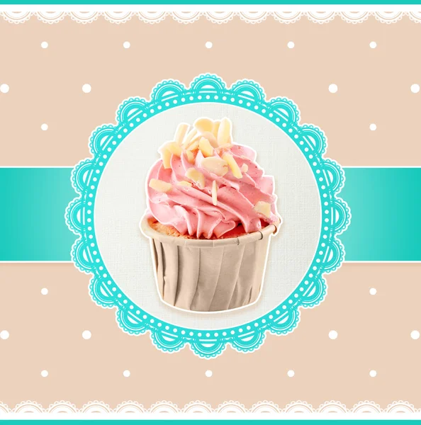 Üdvözlés kártya-val finom cupcake. — Stock Fotó