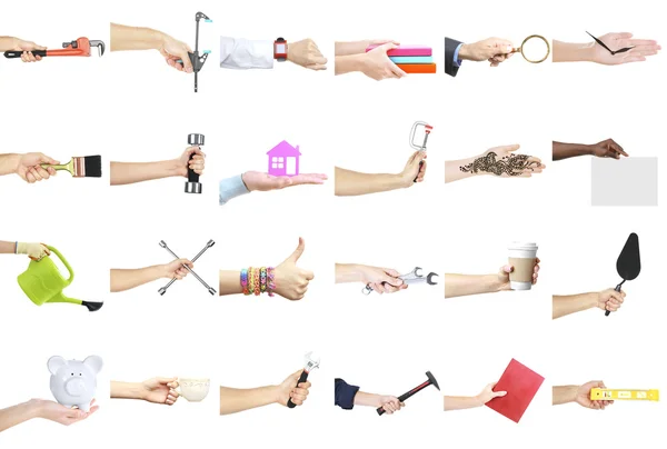 Handen met verschillende objecten — Stockfoto