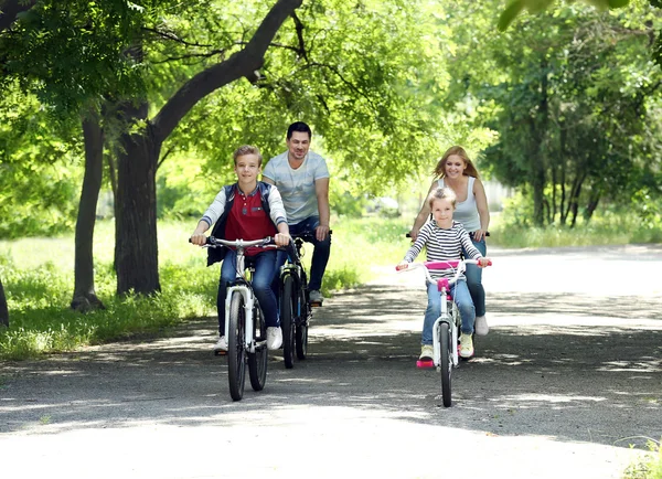 Lycklig familj på cykeltur i parken — Stockfoto