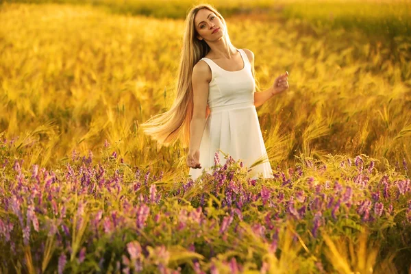 Mooie vrouw in veld — Stockfoto
