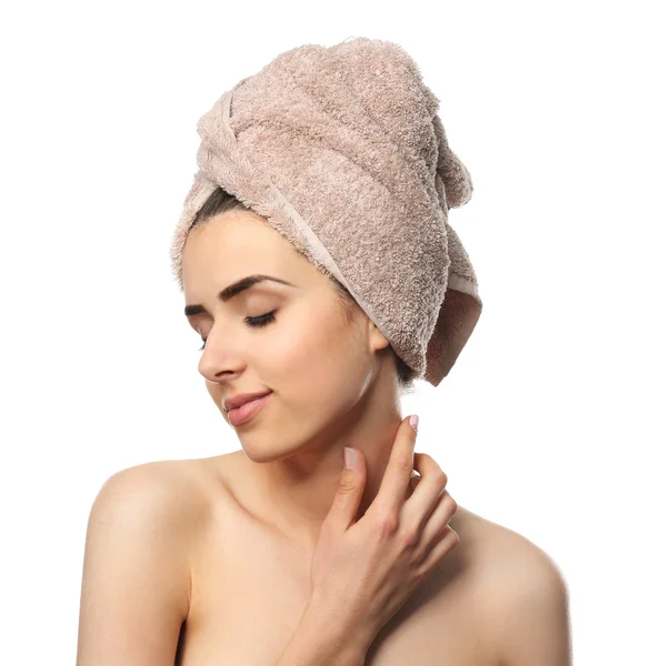 Pretty Woman Towel Hair Isolated White — Stock Photo, Image