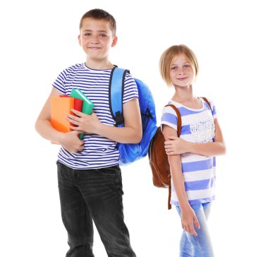 Şirin schoolkids, üzerinde beyaz izole