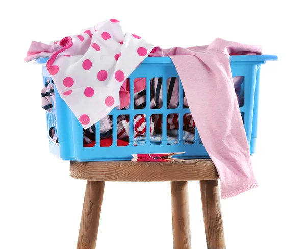 Plastic basket with baby laundry — Stock Photo, Image