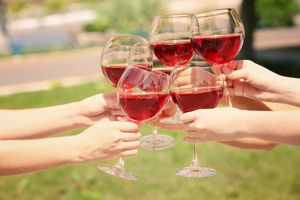 Female hands clinking glasses — Stock Photo, Image