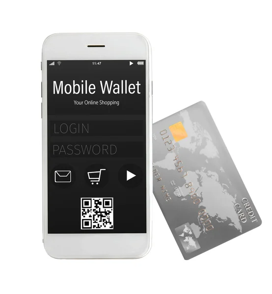Tarjeta de crédito y smartphone con billetera móvil — Foto de Stock