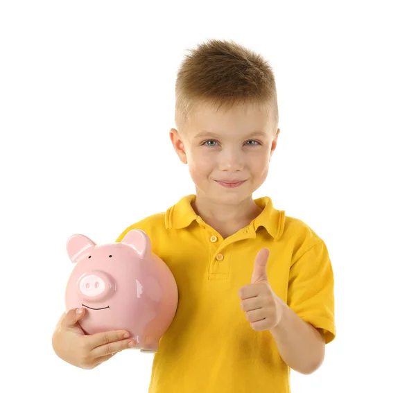 Menino com banco porquinho — Fotografia de Stock