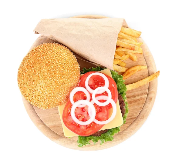 Tasty hamburger with french fries — Stock Photo, Image