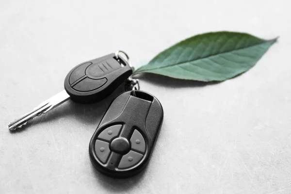 Car key with green leaf — Stock Photo, Image