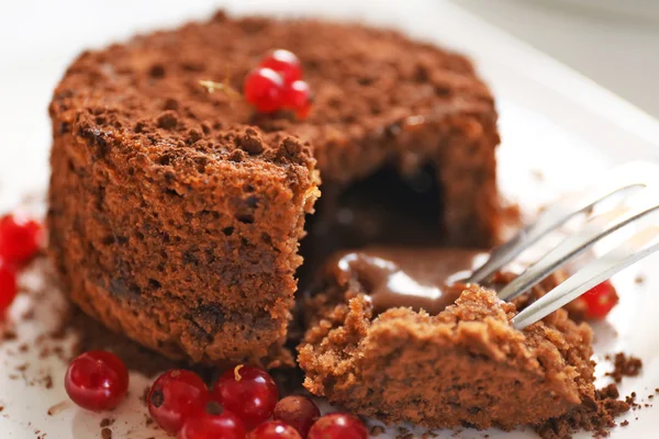 Čokoládový fondant s červeným rybízem — Stock fotografie